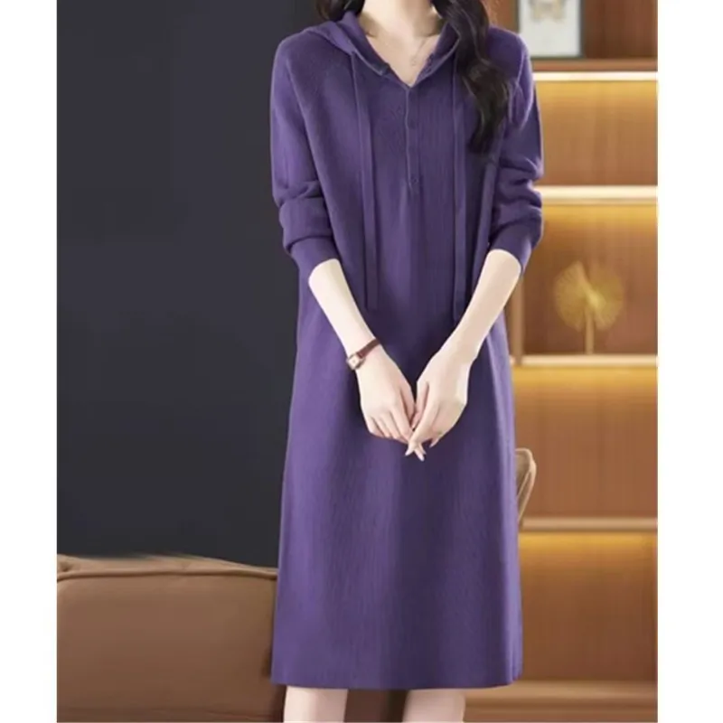 2026 Temperament Autumn and Winter Hooded Medium and Long Pit Strip Sweater Skirt Loose and Thin Meat Cover with Knitted Dress
