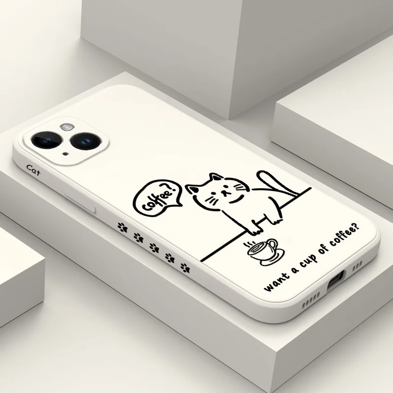 

Line Coffee Cat Phone Case For iPhone 16 15 14 13 12 11 X XR XS Plus Pro Max Mini Silicone Cover