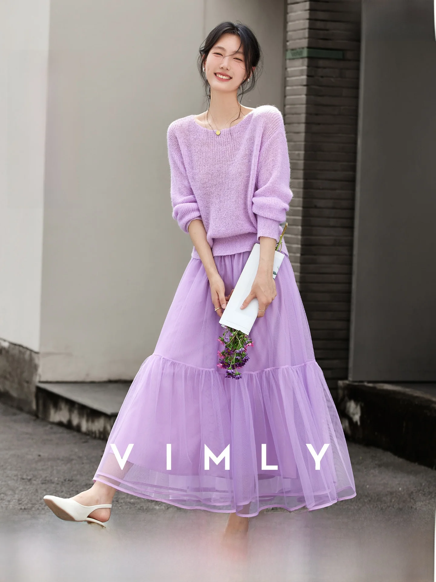 

Purple Gentle Wind One-Shoulder Knitted Set Women's Long Sleeve Casual Style Polyester Fiber Two-Piece Suit for Autumn