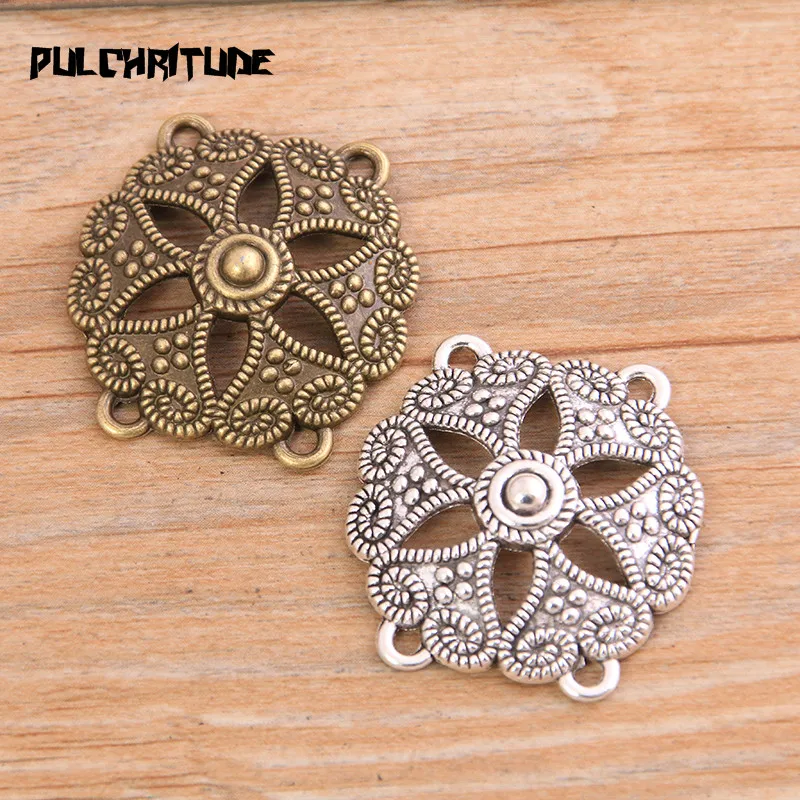 PULCHRITUDE 6pcs 28*30mm New Product Two Color Zinc Alloy Hollow Flower Porous Connectors Jewelry Making DIY Handmade Craft