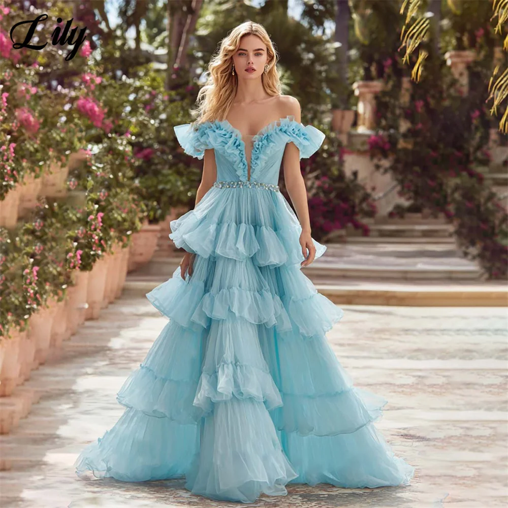 

Lily Sky Blue Prom Dresses Off the Shoulder Evening Dress A Line Party Dress Multilayered vestidos de fiesta Crystal Customized