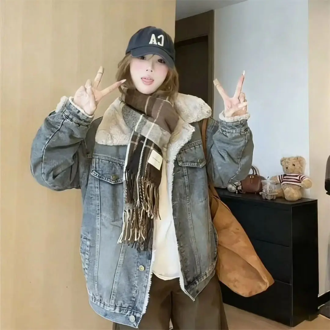 

Denim Coat With Fur And Hood Plush Womens Fall Wide Padded Vintage College Classroom Checked Buttoned Corduroy Standneck Jackets