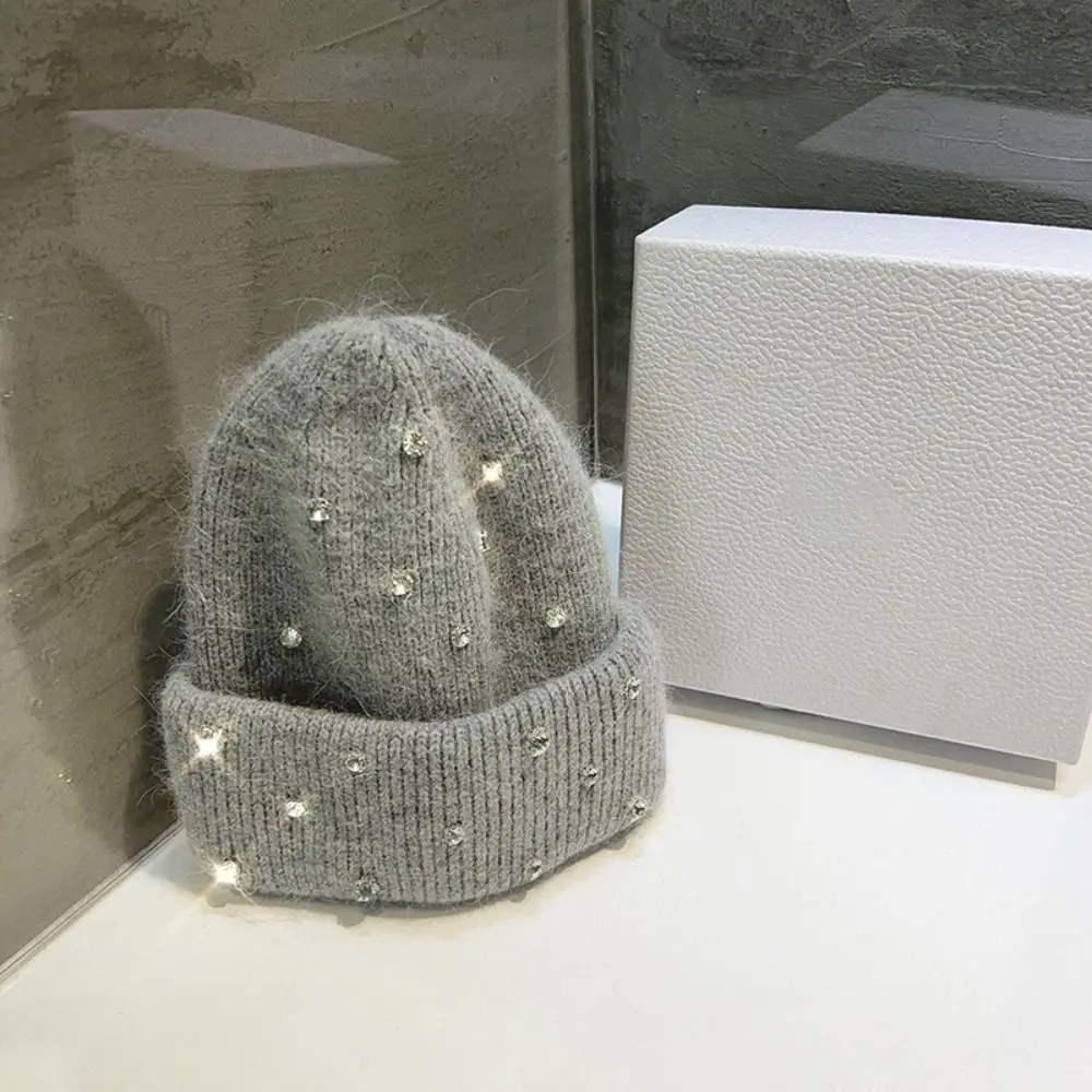 Luxury Rhinestone Beads Knitted Hat Rabbit Fur Thickened Wool Skullies Cap Casual Warm Bonnet Beaanies Winter