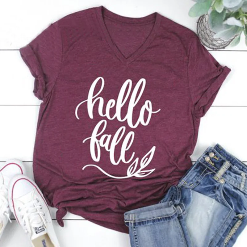 Hello Fall Tops Fashion Tshirt Thanksgiving Day Women Thankful T-shirts Tee Mama Top Fashion Female Tshirt 90s