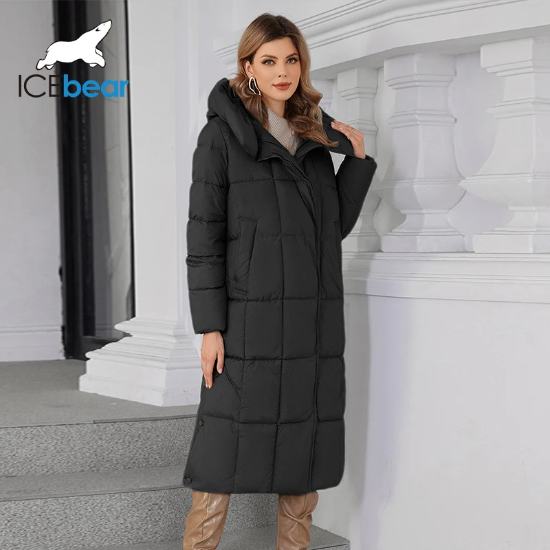 icebear 2024 winter new women\'s coat big hood fashion quilted women\'s coat long solid color cotton coat GWD4621I