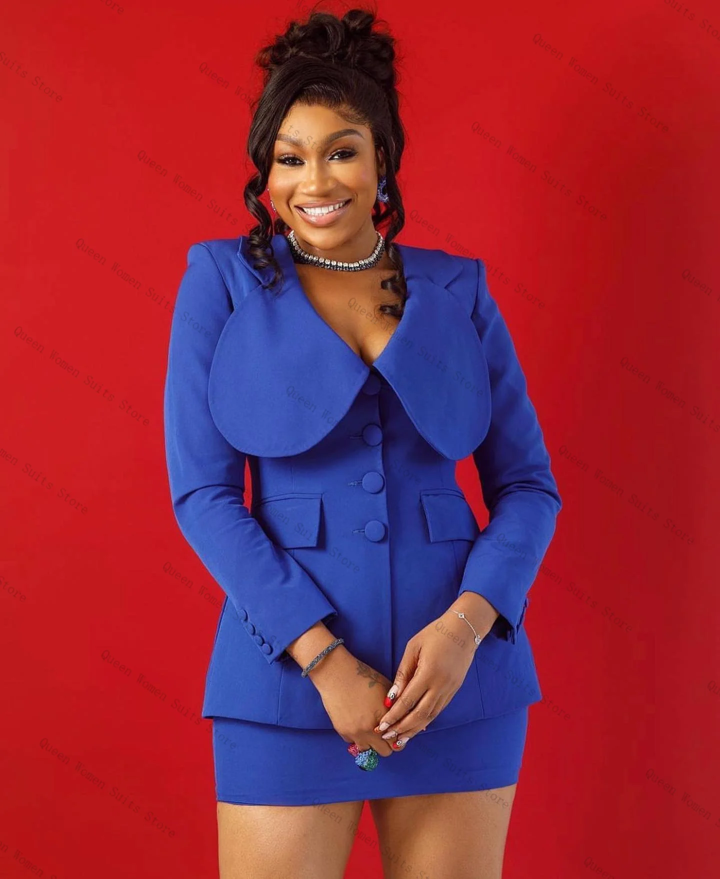 الأزرق المرأة البدلة تنورة مجموعة 2 قطعة السترة + فستان حفلة موسيقية مكتب رسمي سترة حريمي القطن الخريف حفلة موسيقية الزفاف العروس معطف مخصص