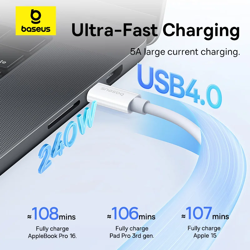 Baseus 240 واط USB C كابل USB 4.0 40Gbps كابل بيانات USB C كابل لماك بوك 8K/60 هرتز نوع C إلى نوع C USB C كابل آيفون 15