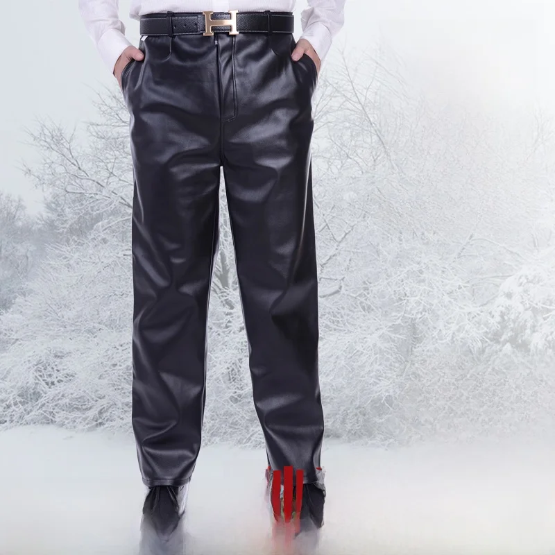 

Men's Thiened Straight Leg Leather Pants Winter Windproof Water-resistant Motorcycle Riding Faion Urban Sle Mid-aged Me...