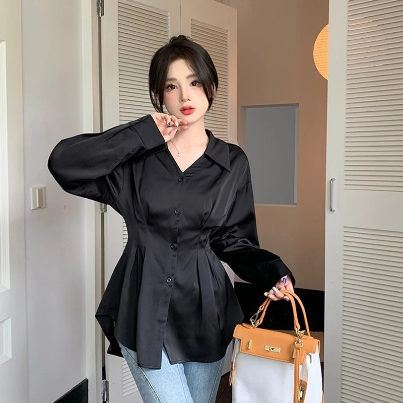 Slim Fit Women's irt Unique Waist-Cinching Design Faionable Korean Sle Long Sve Polyester Fiber Moisture ng Sli...