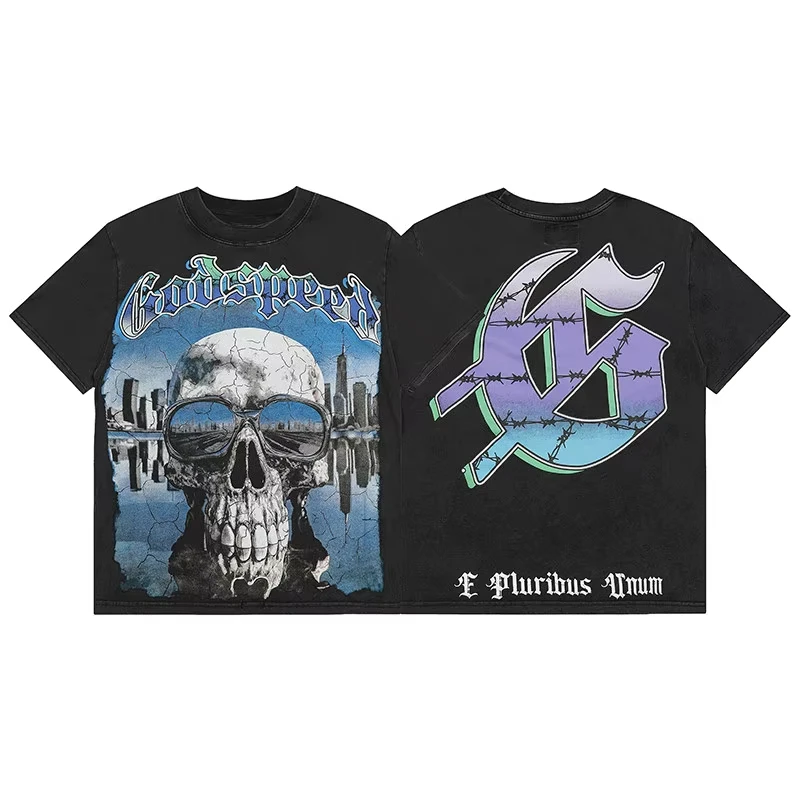 2026 New Arrival Men Women Retro Cracked Texture Cowboy Skull Print T-shirt Casual Loose Short Sleeve Street Cotton Tee