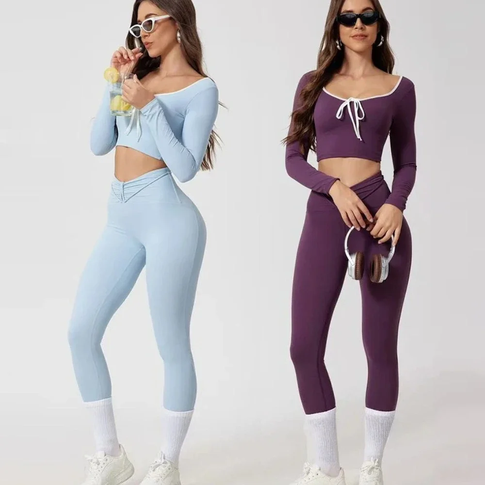 

Seamless Yoga Sets Sports Fitness High Waist Hip Raise Pants Long-Sleeved Suit Running Workout Gym Leggings Set for Women