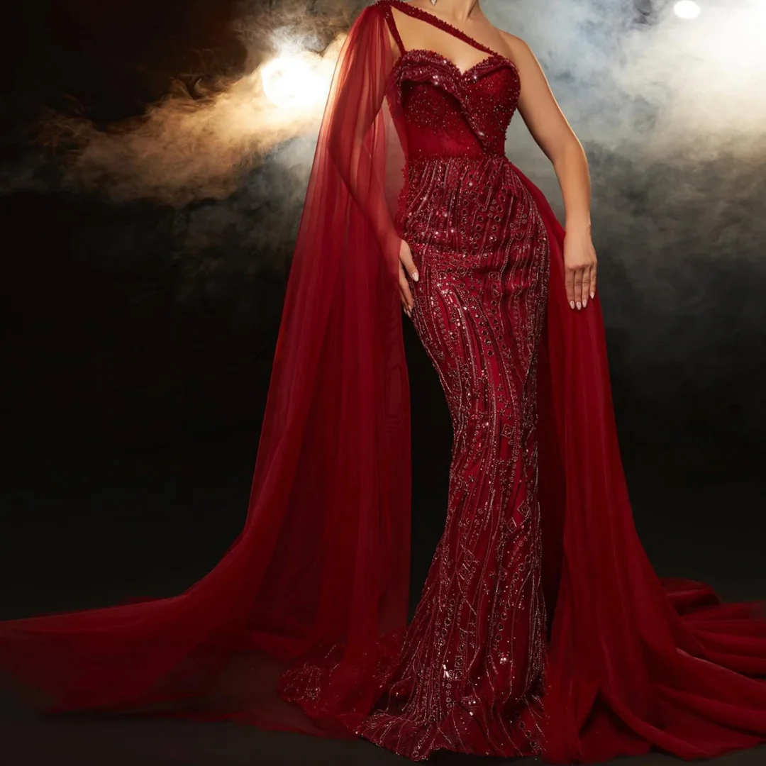 

Burgundy One Shoulder Mermaid Evening Dresses with Cape Overskirt Women Wedding Party Formal Gowns Customized