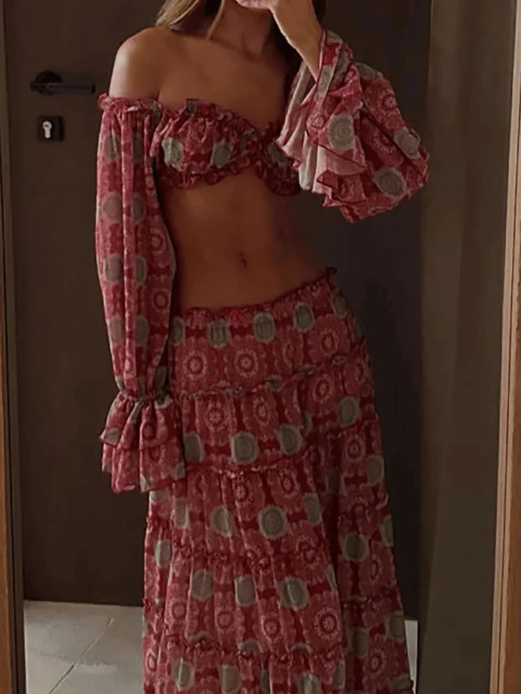 Vestido de manga larga con cuello en V y falda para mujer, conjunto elegante con estampado Floral, traje de vacaciones plisado Vintage