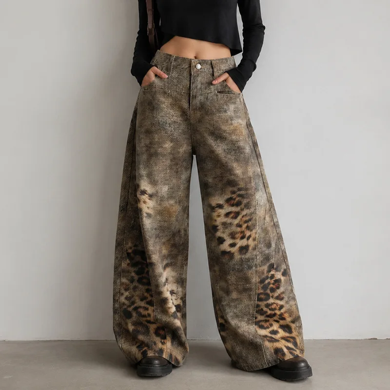 2026 Autumn Women Plus Size American Retro Washed Leopard Embroidery Jeans Loose Draped Curved Long Pants Street Hot Trousers