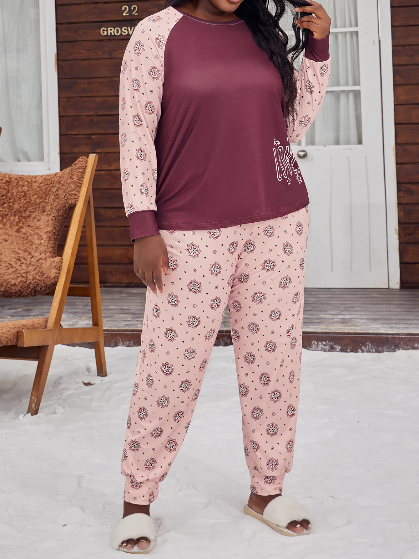 

Casual plus size women's home suit set long sleeved round neck top&ankle tied pants sleepwear 2-piece set