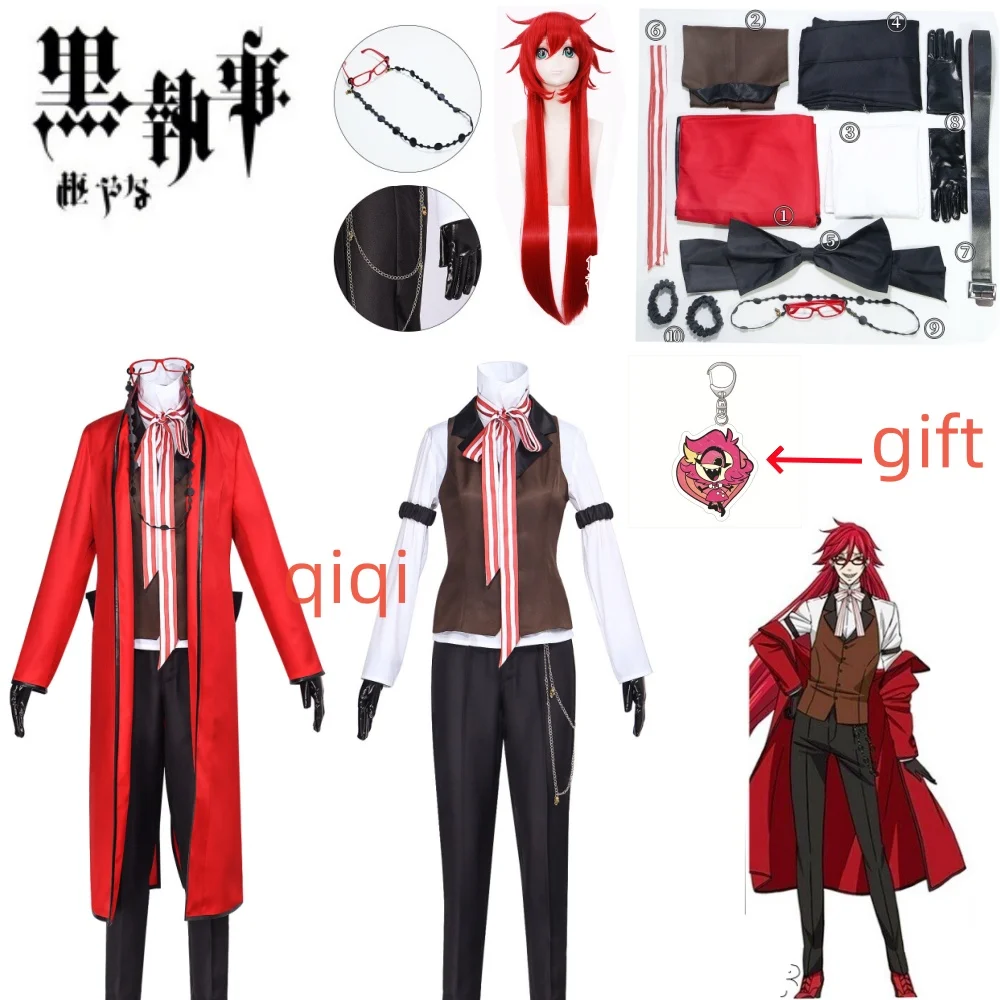 Czarny lokaj Grell Sutcliff Michaelis przebranie na karnawał peruka mundurki Anime Cosplay impreza z okazji Halloween Unisex fantazyjne czerwony garnitur okulary