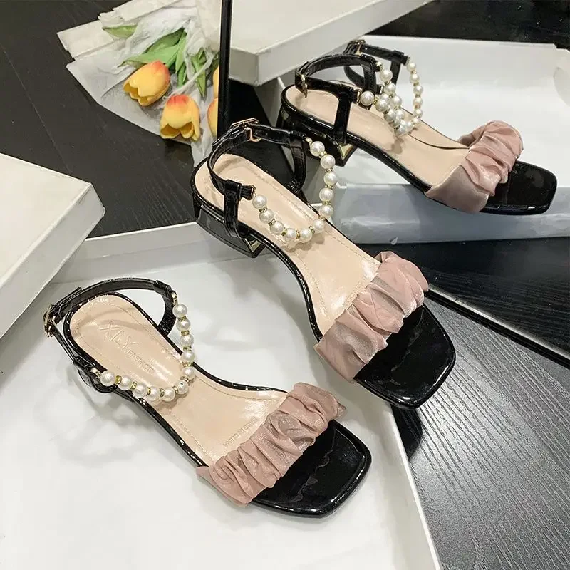 Footwear One Word with Low Heels Block Heel White Sandals for Woman Summer 2024 Pearl Roman Style Medium Buckles Women\'s Shoes F