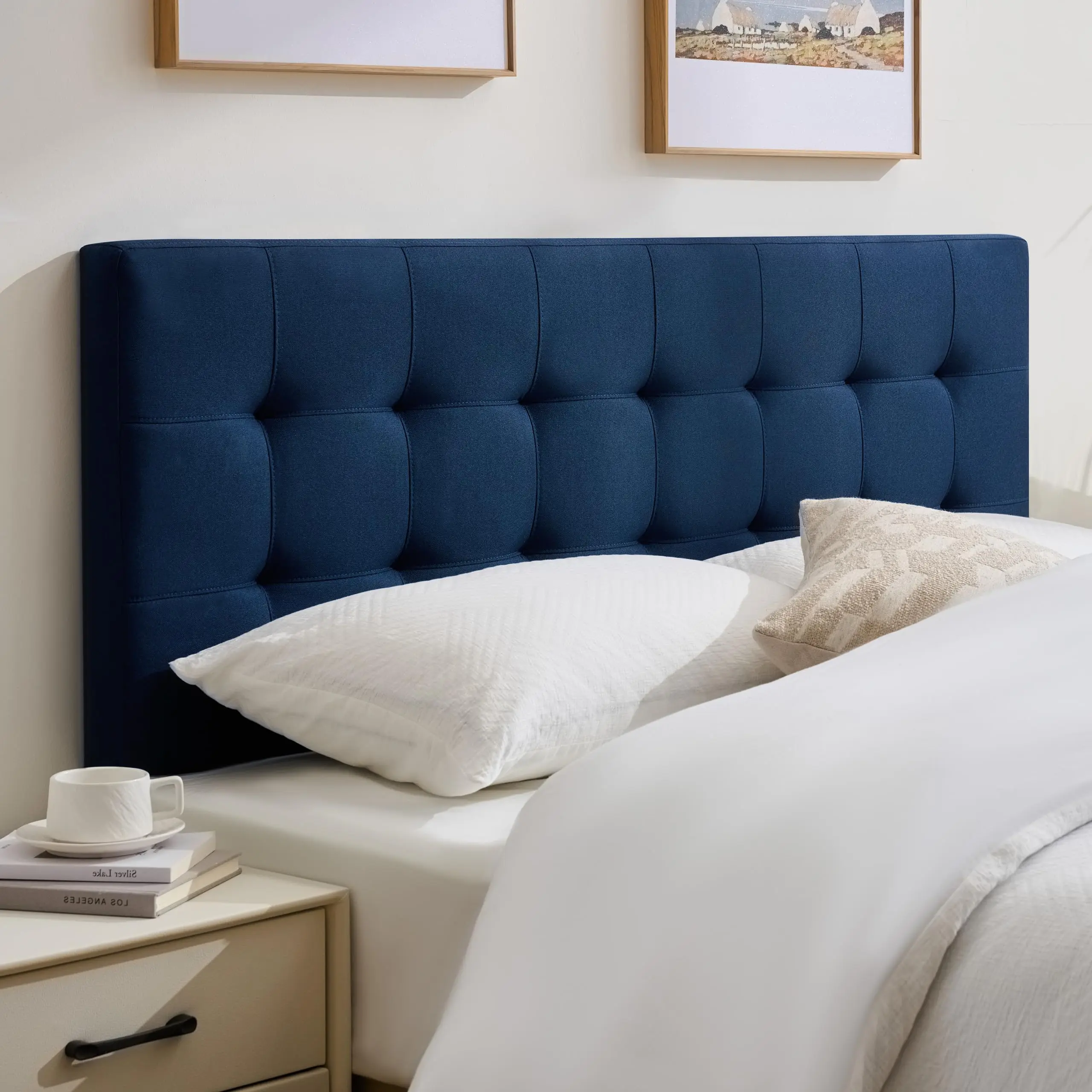 Linen Stitched Tufted Full Headboard, Adjustable Height 37.2-46 in, Blue