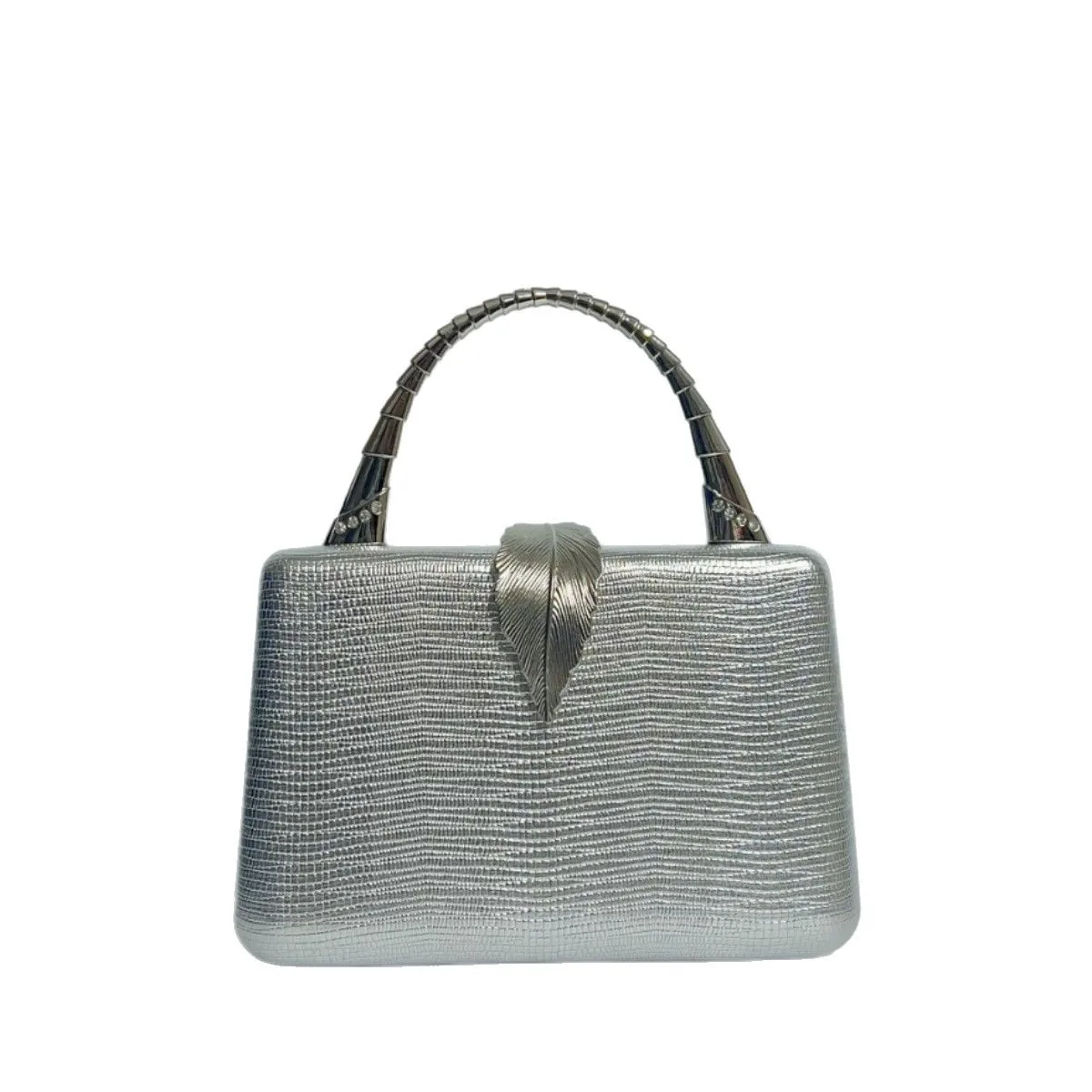 Silver Lizard Texture Leather Metal Feather Handle Clutch Luxury Retro High-end Evening Bag Middle Aged Women Wedding Banquet