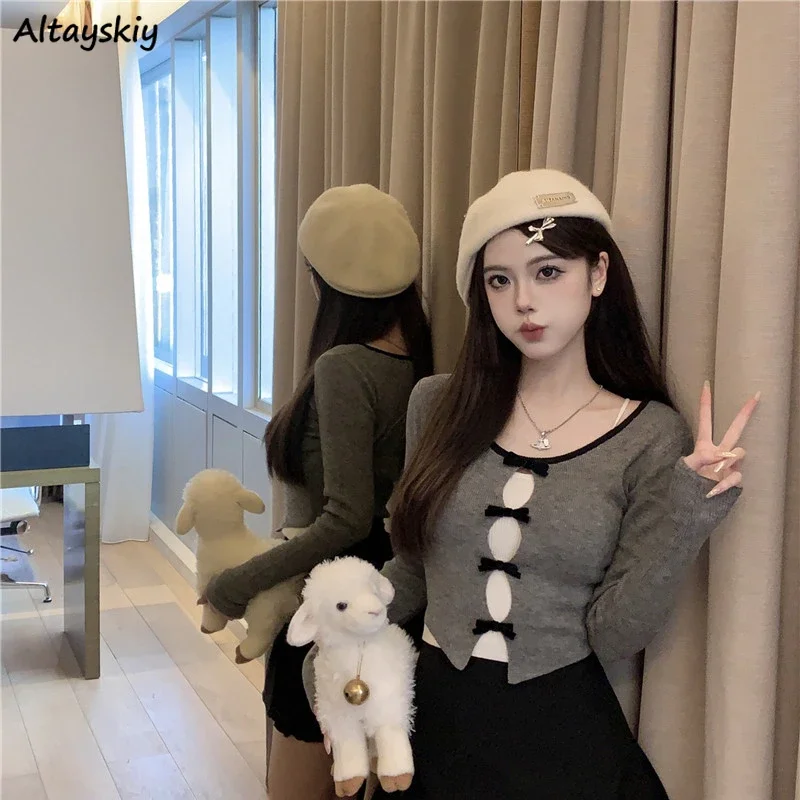 Fake Two Pieces Knitted Pullovers Women Sexy Slim Bow Hollow Out Cropped All-match Tops Autumn Fashion Ulzzang Temper Youthful