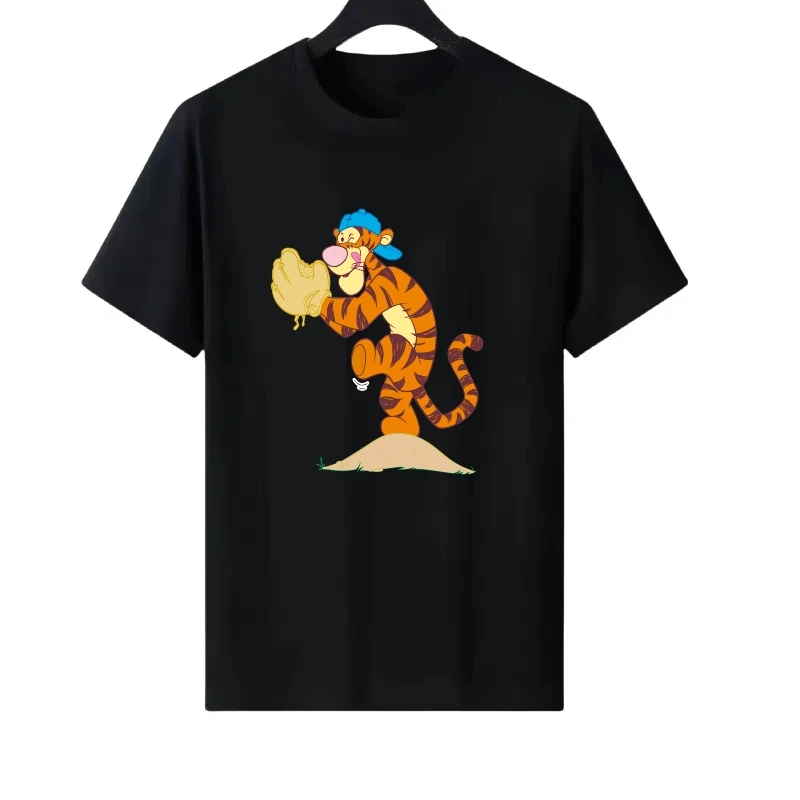 Disney Pooh Bear Tigger Pattern Woman Round Neck Casual Parent-child Clothing Ladies Cheap Short Sleeves T-Shirt Men Sweatshirts