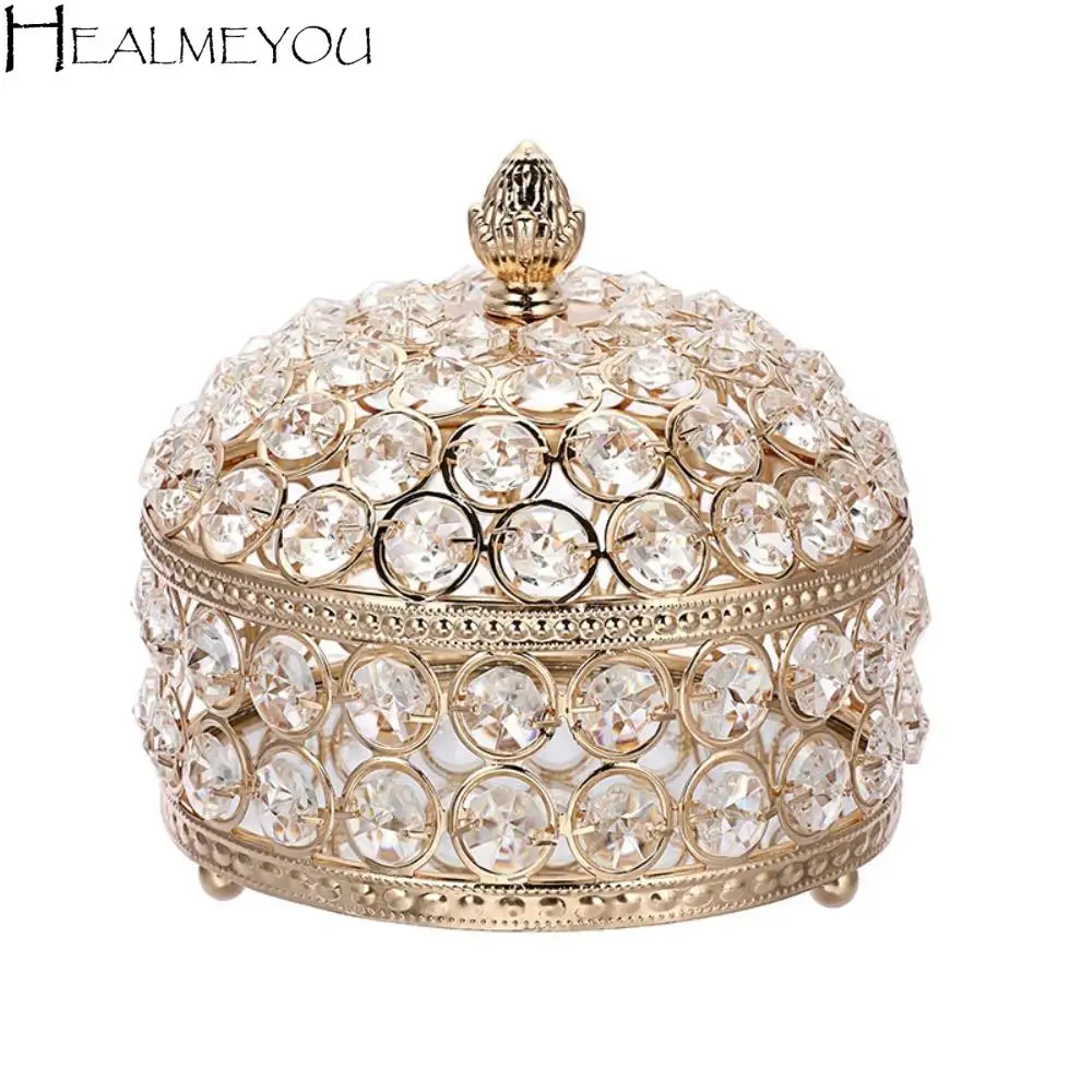 

Vintage Luxury Crystal Jewelry Box Glass Mirrored Sparkling Necklace Ring Display Case Handheld Round Keepsake Box Home Decor