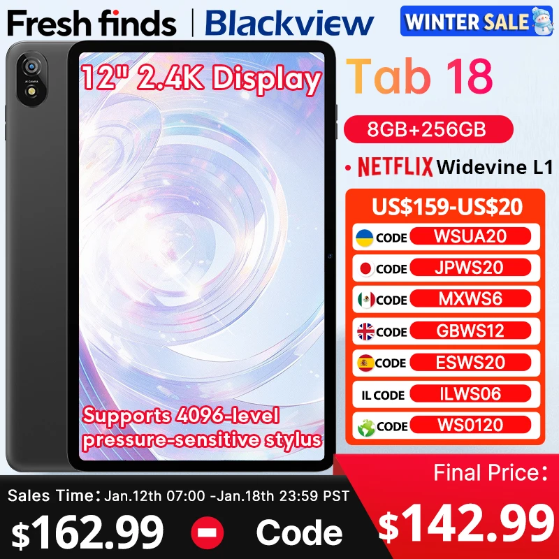 Blackview Tab 18 Планшет 12 дюймов 2,4K FHD+ Дисплей 8 ГБ 256 ГБ 8800 мАч 33 Вт Widevine L1 MTK Helio G99 Чувствительность давления Pad ПК