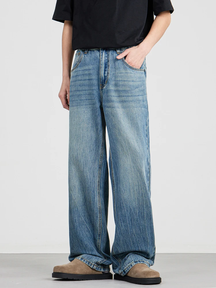

AGANONMEM Men's Loose Straight Leg Jeans Waed Silk Denim Vintage Long Trousers Summer Casual mid Waist Zipper Fly