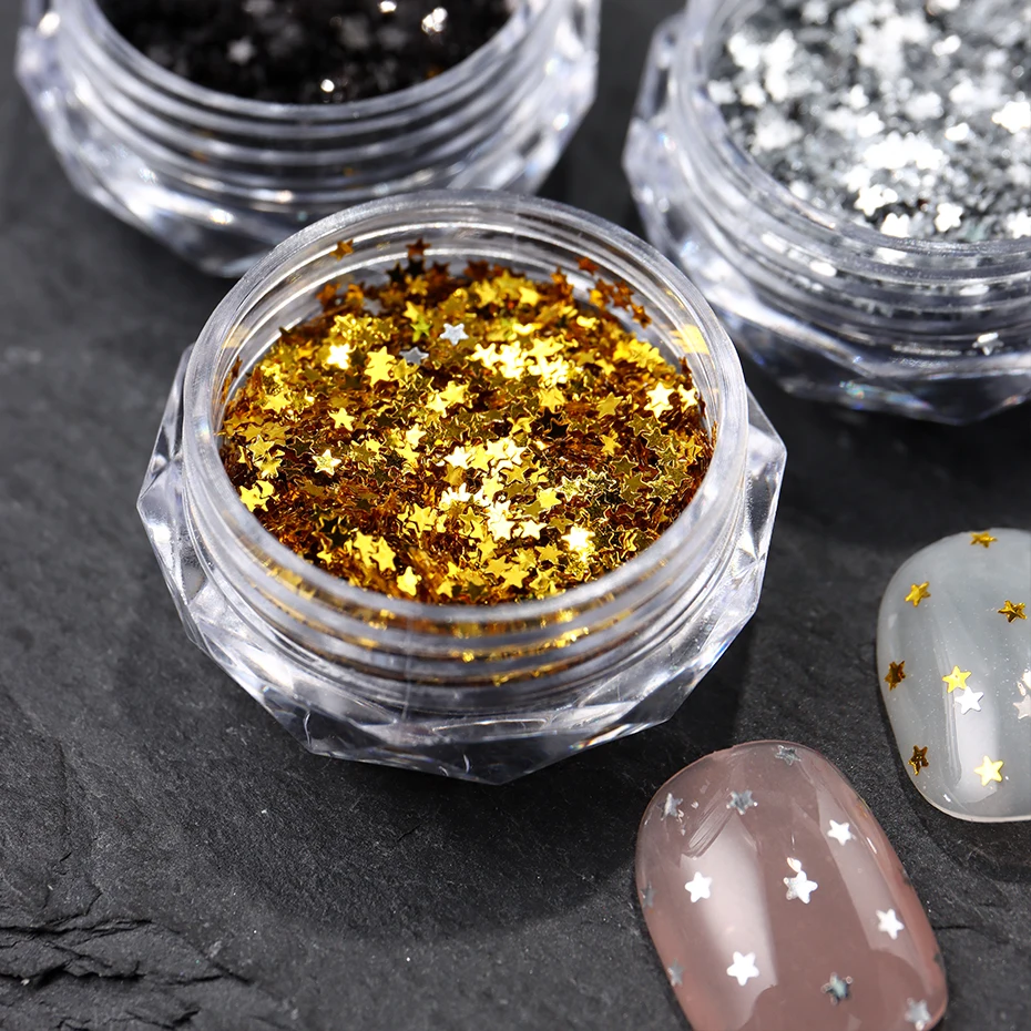 3 pezzi Y2K piccola stella glitter fiocchi per unghie dorato argentato nero piccolo mini pentagramma per unghie Seqiuns Kawaii coreano accessori per manicure