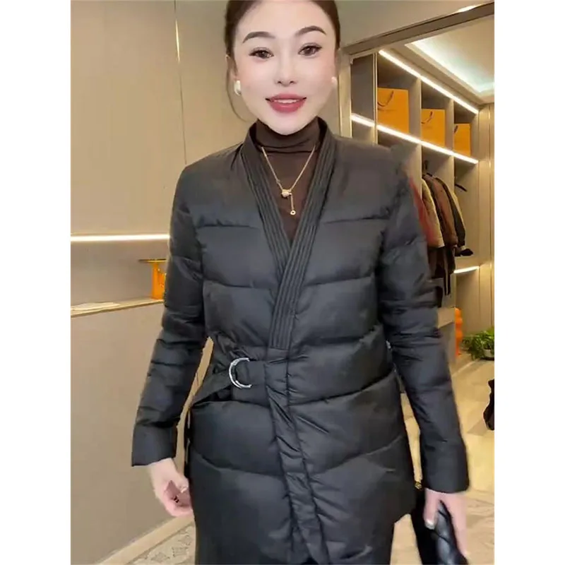 Women's Cotton Coat 2026 Winter Overcoat New V-neck Waist Strap Design Cotton Jacket Medium To Long Warm Cotton Jacket Parker