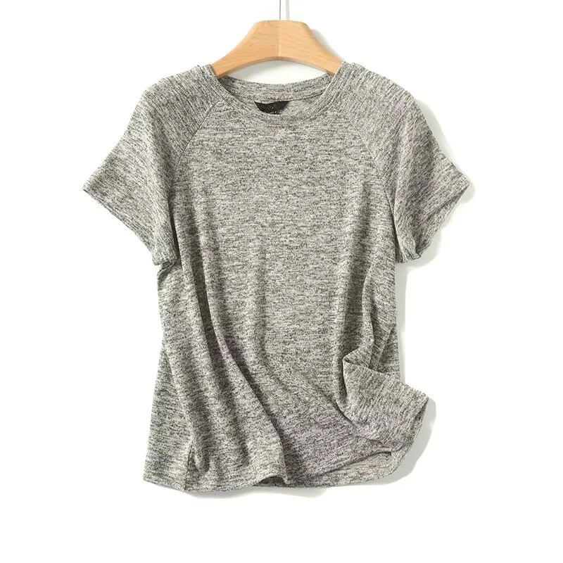 Maxdutti Minimalist Fashion Commuting Round Neck T-shirt Women Light Grey Casual Top TShirt For Summer