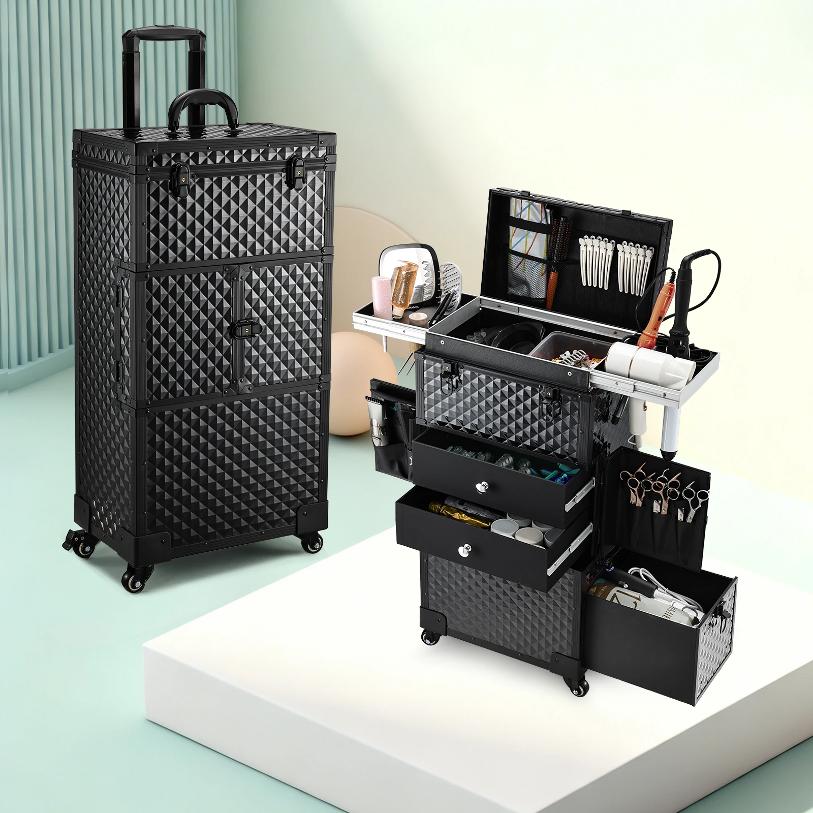 Carrinho de maquiagem com rolamento, carrinho profissional para cosmetologia, trava sobre rodas para barbeiro e maquiadores com suporte para secador de cabelo