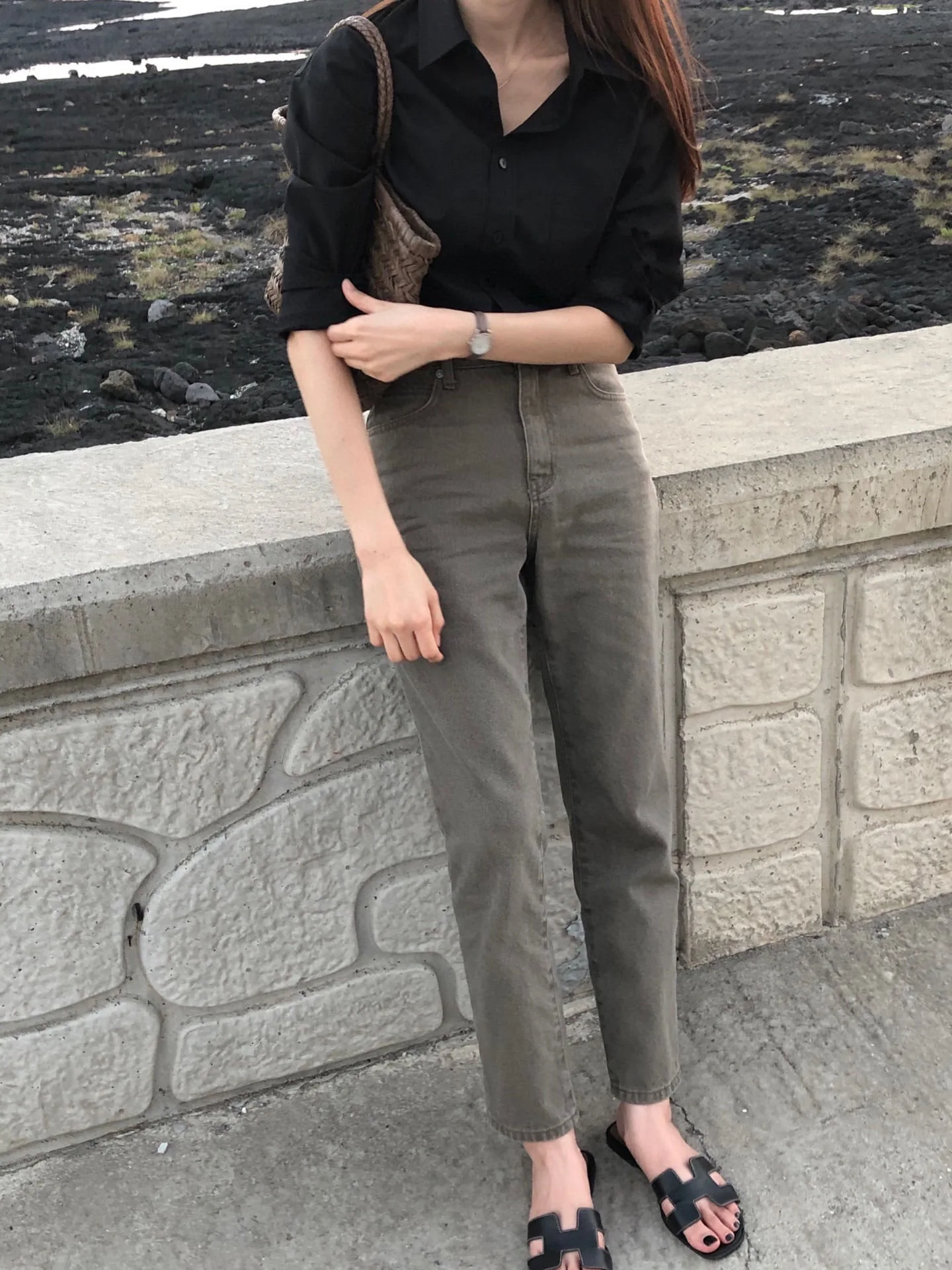 Candy Miss Korean Style PLAT BASE Vintage Coffee Straight Leg Denim Pencil Pants Women's Autumn Cotton Stretch Jeans