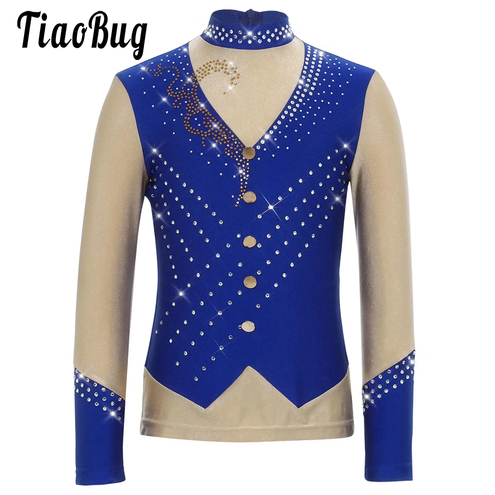 

Kids Boys Figure Skating Shirts Competition Costume Jazz Latin Modern Lyrical Dance Tops Sparkly Rhinestones Long Sleeve Shirts