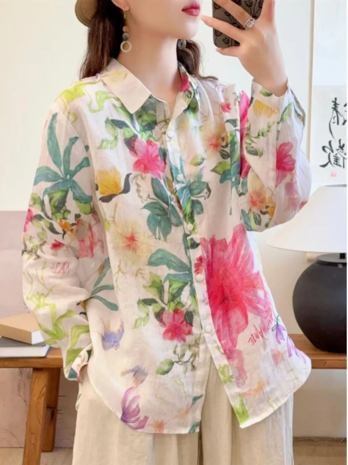 

Retro Flax Print irt Women's Spring Autumn Loose Casual Classic Long Sve Collar Top Comfortable Versatile Commute S...