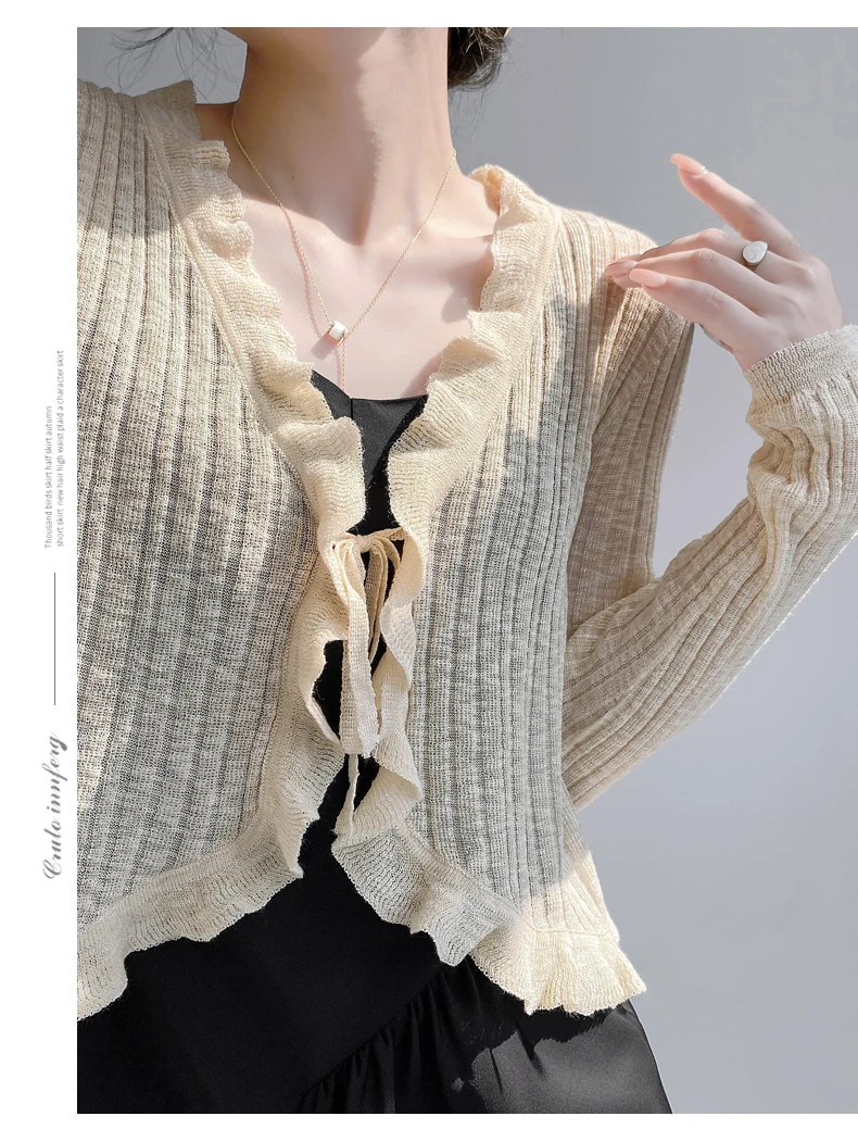 フリルトリムネクタイフロント長袖クロップトップ女性リブニットカーディガンセーターすくめトップ夏の十代の少女フェアリーコア衣装