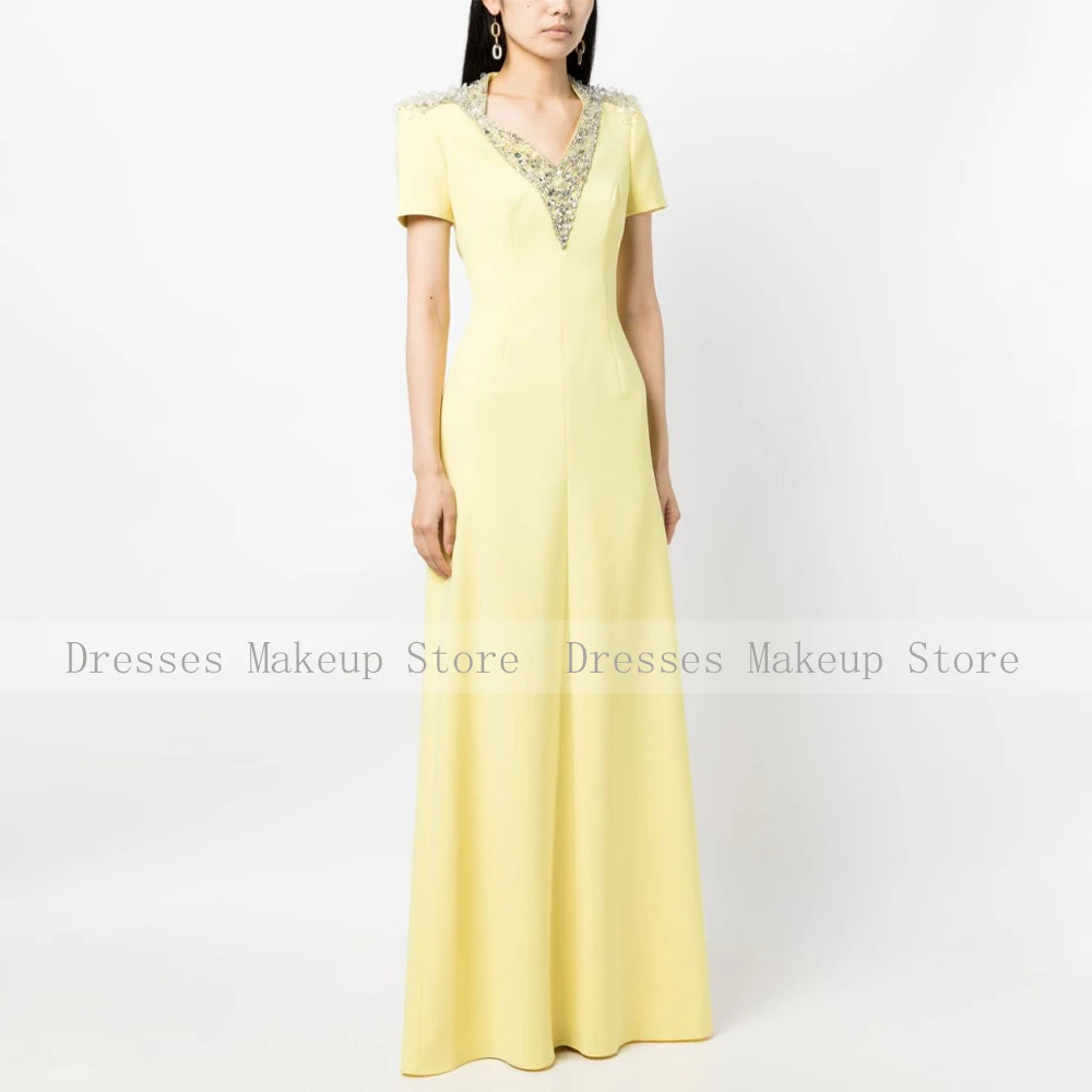 Elegant Wedding Party Dresses for Women 2024 Crystal V Neck A Line Evening Dress Long Short Sleeves Light Yellow Evening Gowns