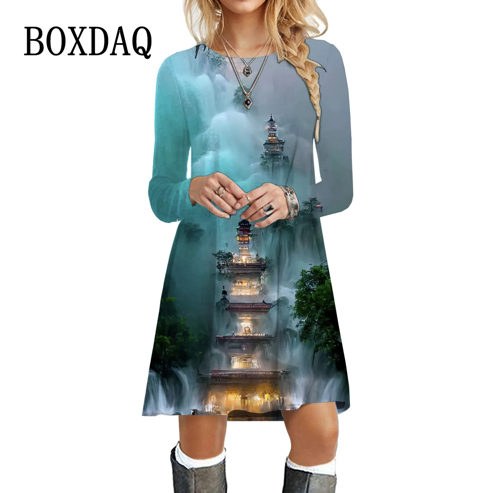 Oversized Women Dress Autumn New Long Sleeve Retro Scenery 3D Print A-Line Dress O-Neck Casual Ladies Mini Dress Female Clothing