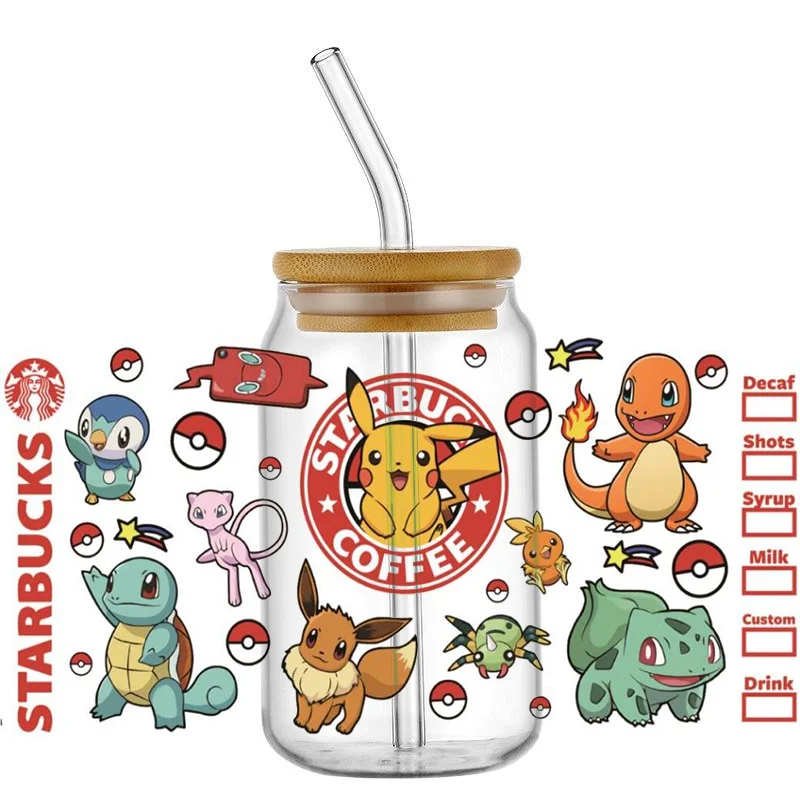 Miniso-3D Pokémon Decal, Adesivo De Transferência Lavável, UV DTF Cup Wrap para 16oz Libbey, DIY Dos Desenhos Animados