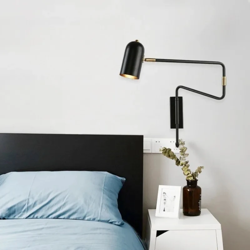 Modern Extendable Swing Arm Wall Sconce Foldable Long Arm Wall Lamp Rotatable Reading Wall Light Hotel Bedside Study Decor