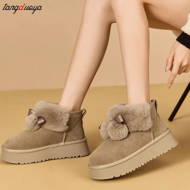 Cute furry ball Women\'s cotton boots Australian Boots Winter Footwear Round Toe Boots-Women Fashion Snow Low Ladies Ankle boots