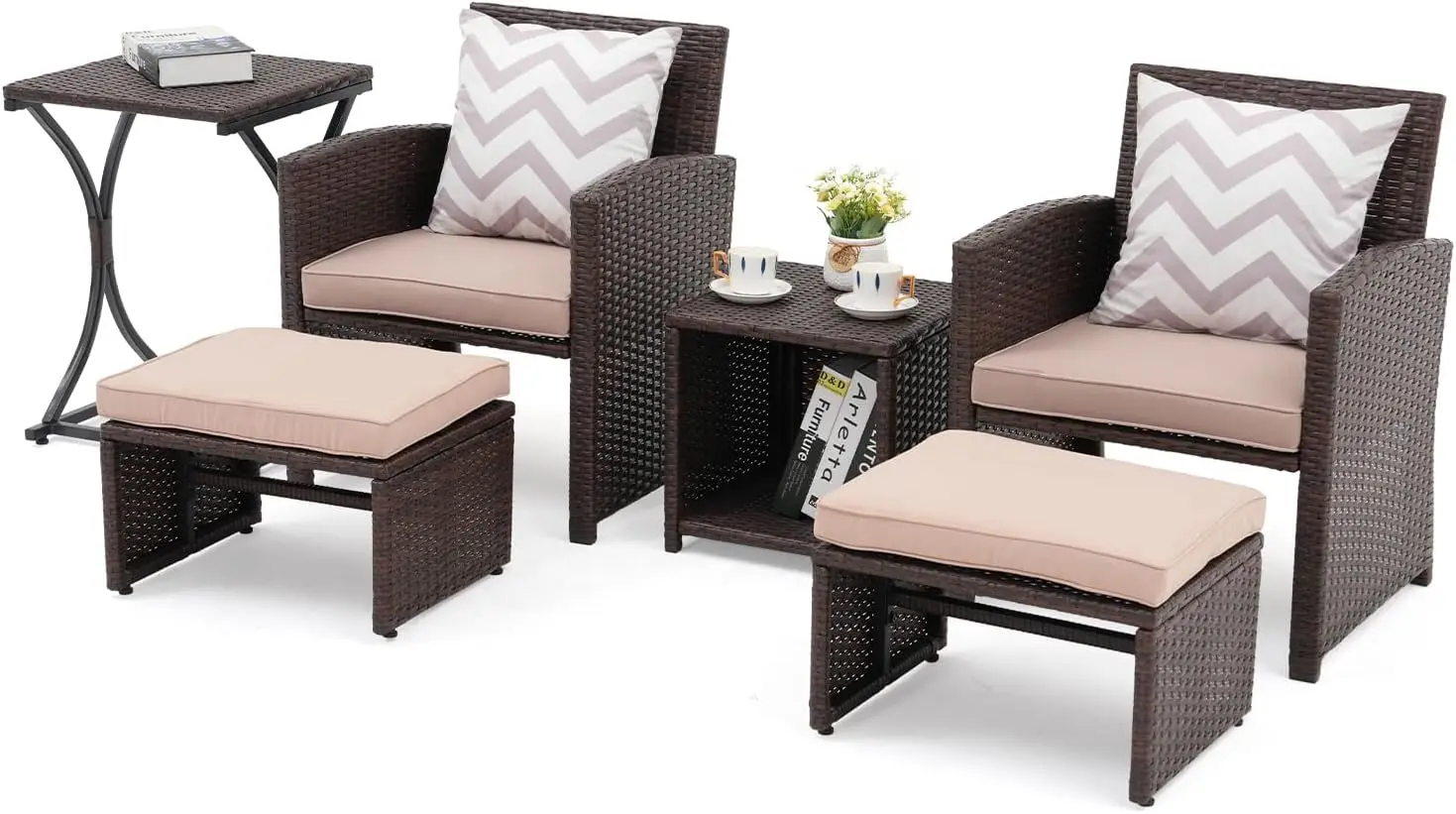 Oc Orange-Casual 6 Piece Patio Wicker Furniture Set, Balcony All Weather Rattan Chair, With Space Saving Ottoman, Resin Nesting