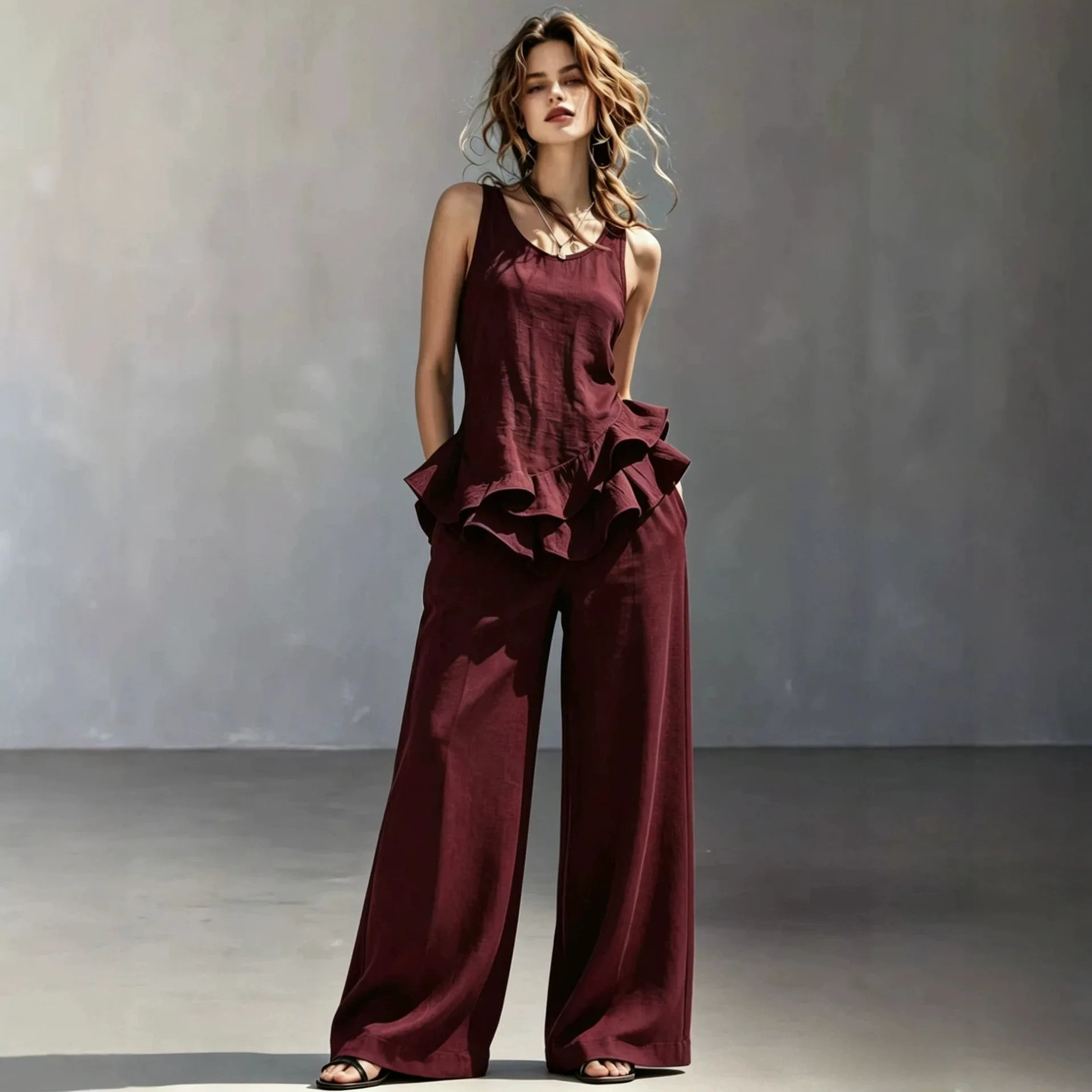 Womens 2 Piece Linen Set Sleeveless Ruffle Peplum Tank Top + Wide Leg Pants Casual Summer Outfit Suit