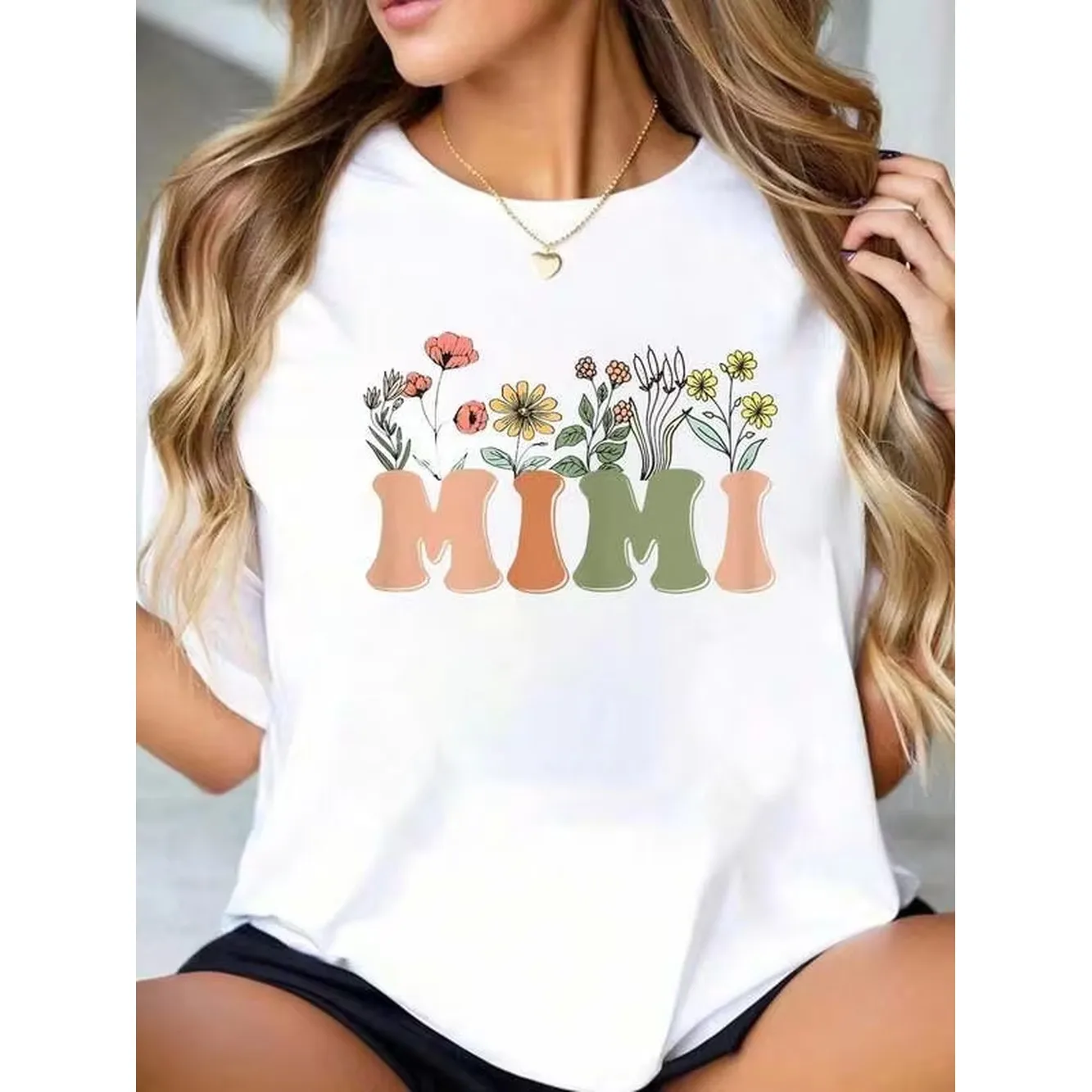 100% Cotton Wildflowers Mimi Floral Mother's Day Mimi Printed White T-Shirt, Short-Sleeved Crew Neck Casual Top, Suitable For All Seasons, Women's Wea