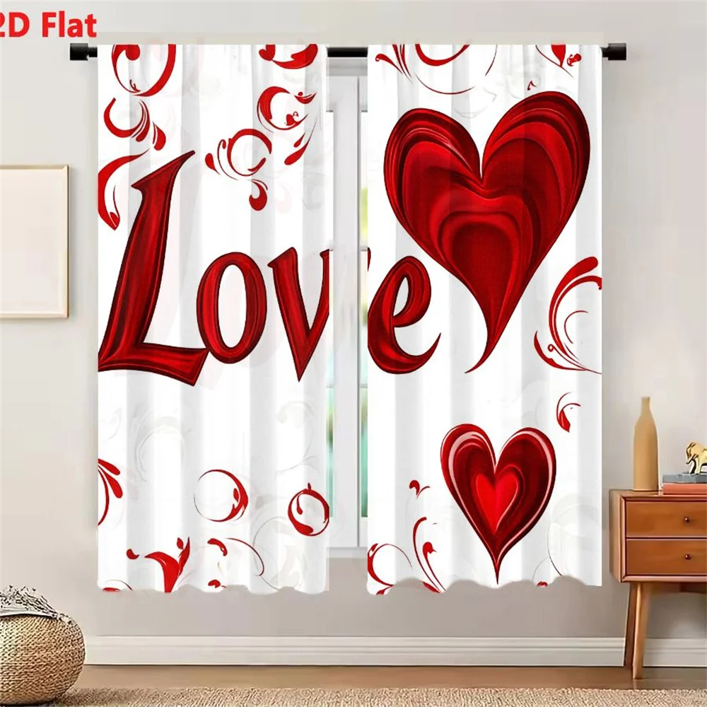 2Pcs Curtains Romantic Love Design With Glossy Red Script And Swirling Marbled Heart On White Background For Valentine's Day Win