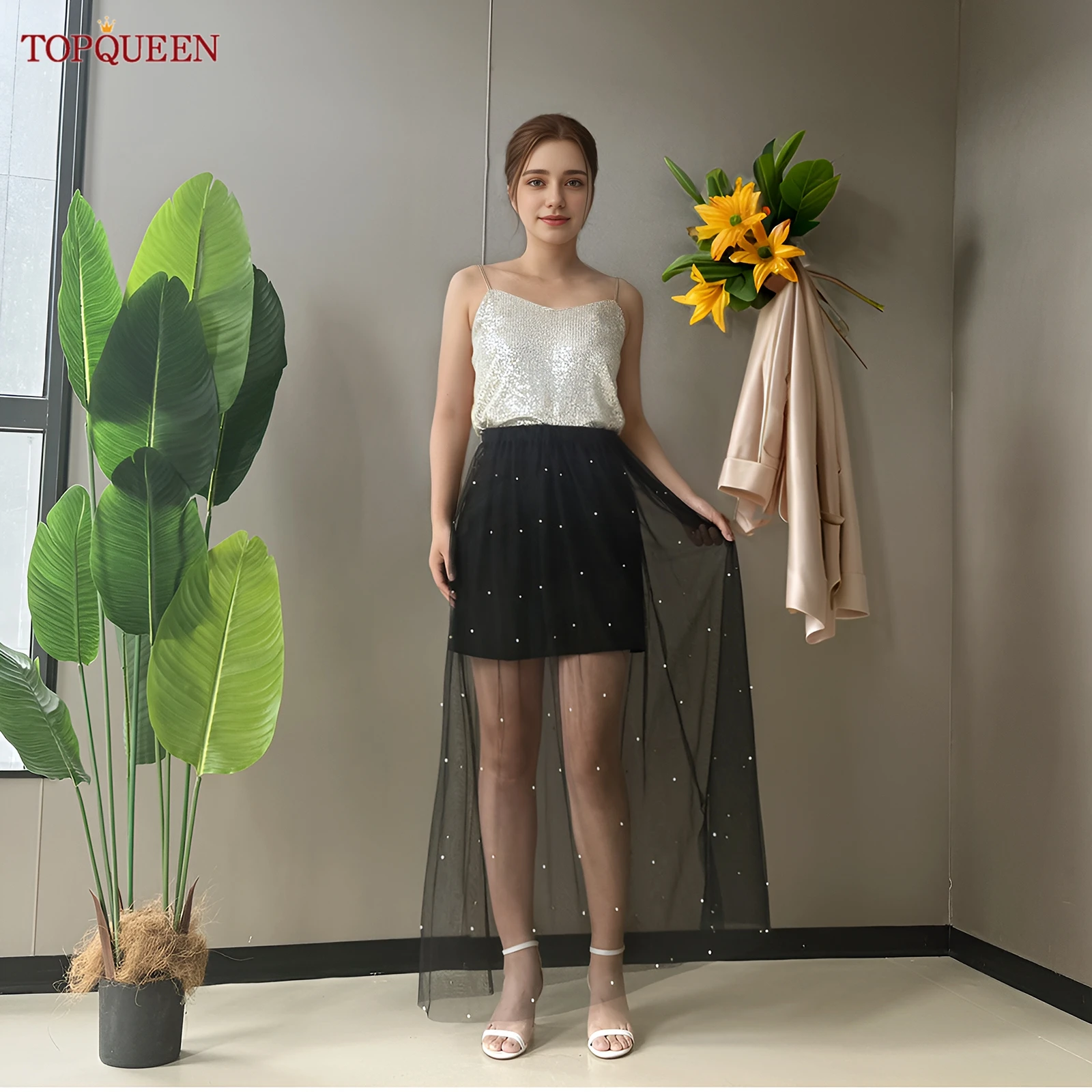TOPQUEEN New Black Pearl Tulle Skirt Bridal Dress Removable Bridal Pearl Skirt Party Skirt Accessories Customizable V210