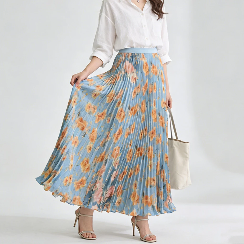 

Длинная плиссированная юбка с цветочным принтом для женщин, летняя, с эластичной высокой талией, модная, для офиса, работы, вечеринок, пляжа, макси-юбка