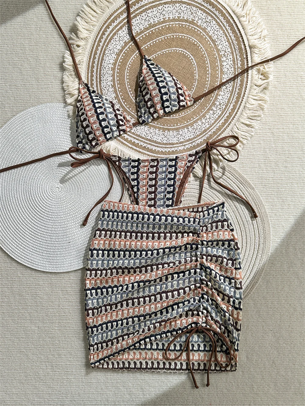 Vintage Boho Knitted Bikini Skirt Micro String Backless Swimsuit Vacation Swimwear Women Bikinis Sets Crochet Beach Swim Outfit view 6
