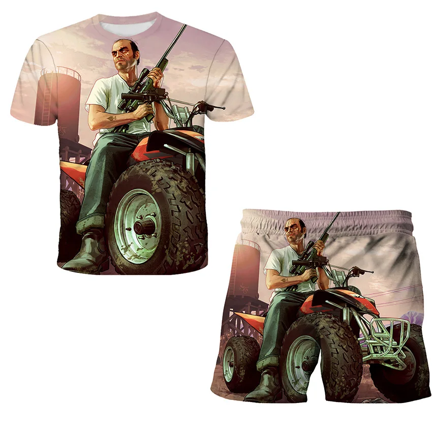 Anime Grand Theft Auto Gta 3d Print Tshirts Set Children Tshirt Short Pants 2pcs Suit 4-14 Years Kids Fashion Short Sleeve Sets