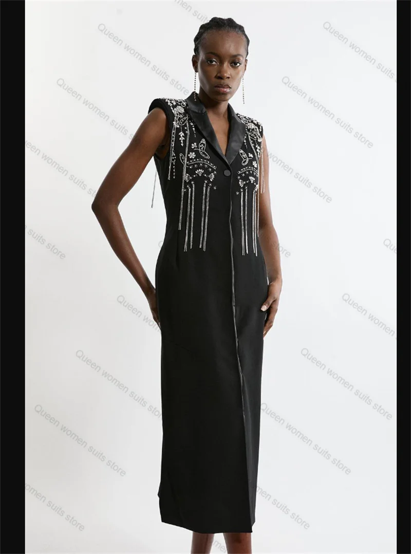 Traje largo negro para mujer, falda, Blazer de 1 pieza, vestido de graduación con cristales, chaqueta Formal de oficina para mujer, abrigo de boda con una botonadura personalizado